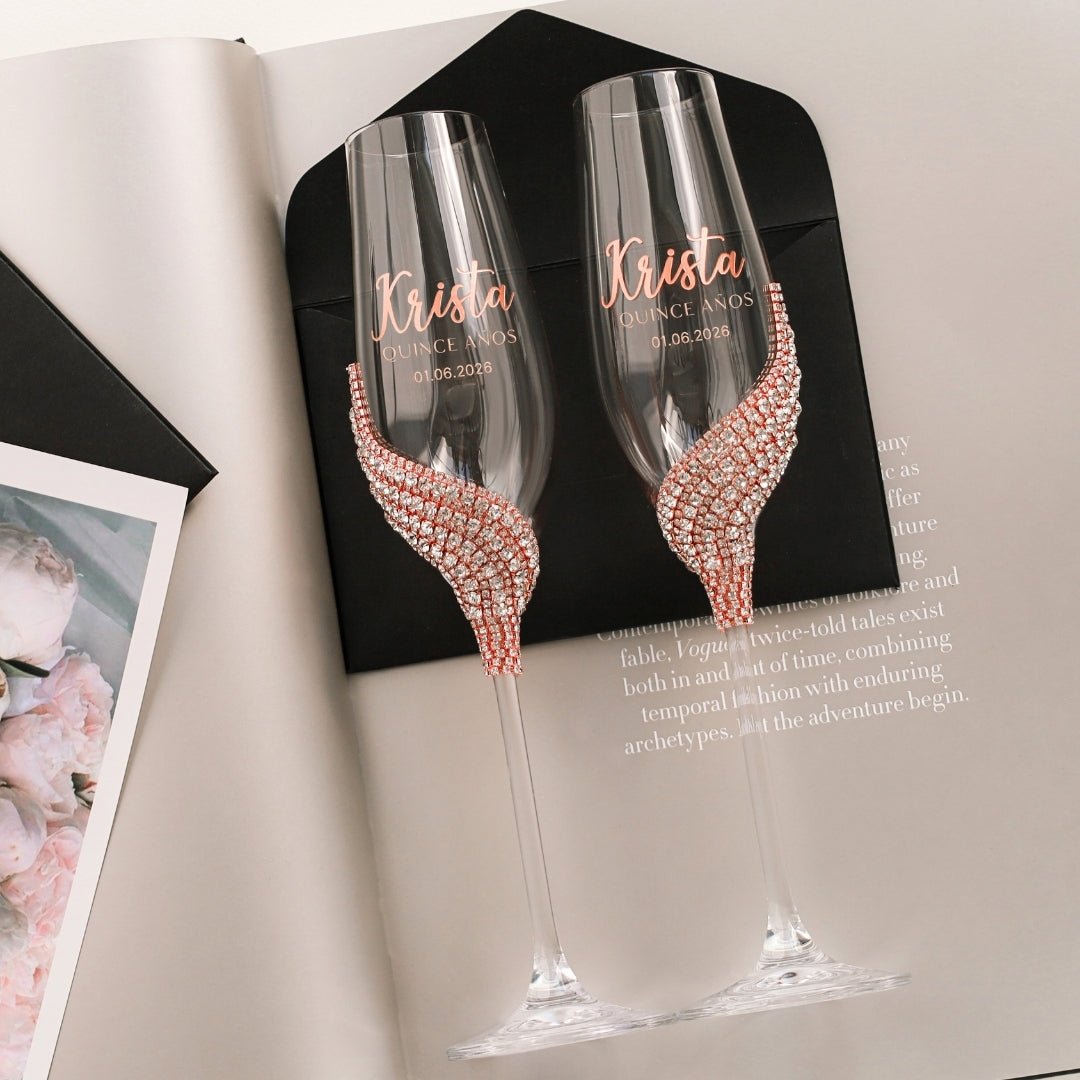 Custom Flutes &amp; Cake Set in Rose Gold for Quinceañera Celebration - ELENA HONCH