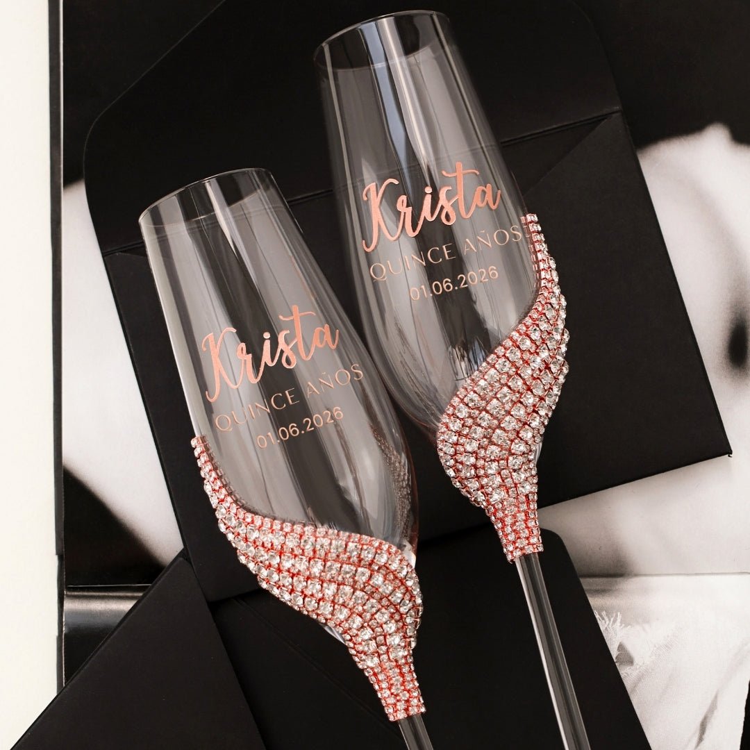 Custom Flutes &amp; Cake Set in Rose Gold for Quinceañera Celebration - ELENA HONCH