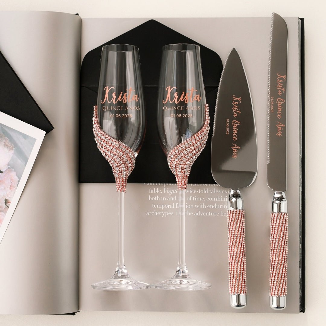 Custom Flutes &amp; Cake Set in Rose Gold for Quinceañera Celebration - ELENA HONCH