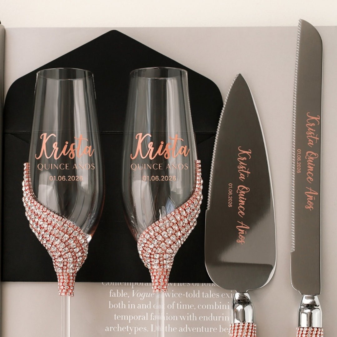 Custom Flutes &amp; Cake Set in Rose Gold for Quinceañera Celebration - ELENA HONCH