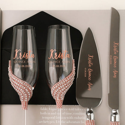 Custom Flutes &amp; Cake Set in Rose Gold for Quinceañera Celebration - ELENA HONCH
