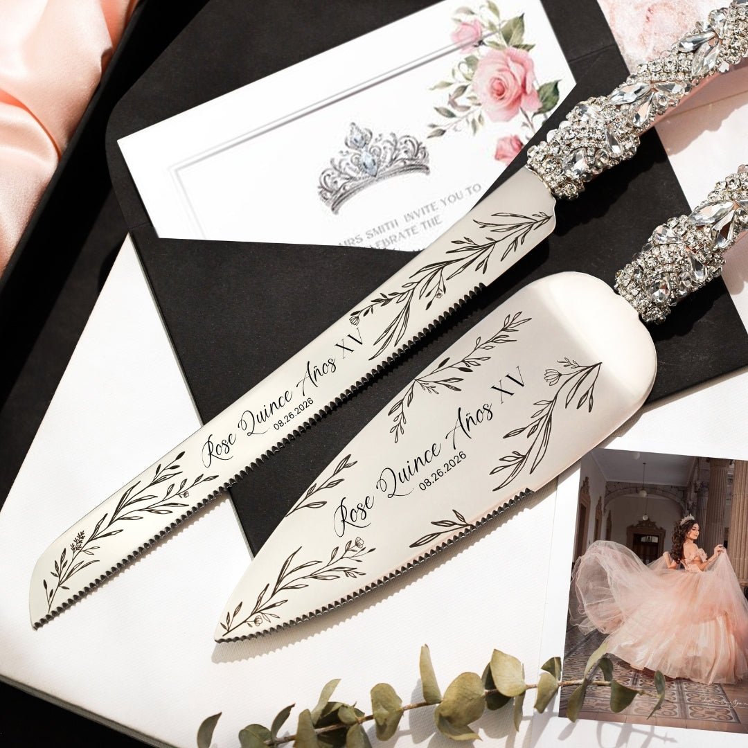Custom Quinceañera Flutes Ruta &amp; Cake Server Set In Blush - ELENA HONCH