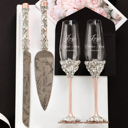 Custom Quinceañera Flutes Ruta &amp; Cake Server Set In Blush - ELENA HONCH