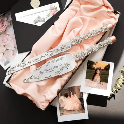 Custom Quinceañera Flutes Ruta &amp; Cake Server Set In Blush - ELENA HONCH