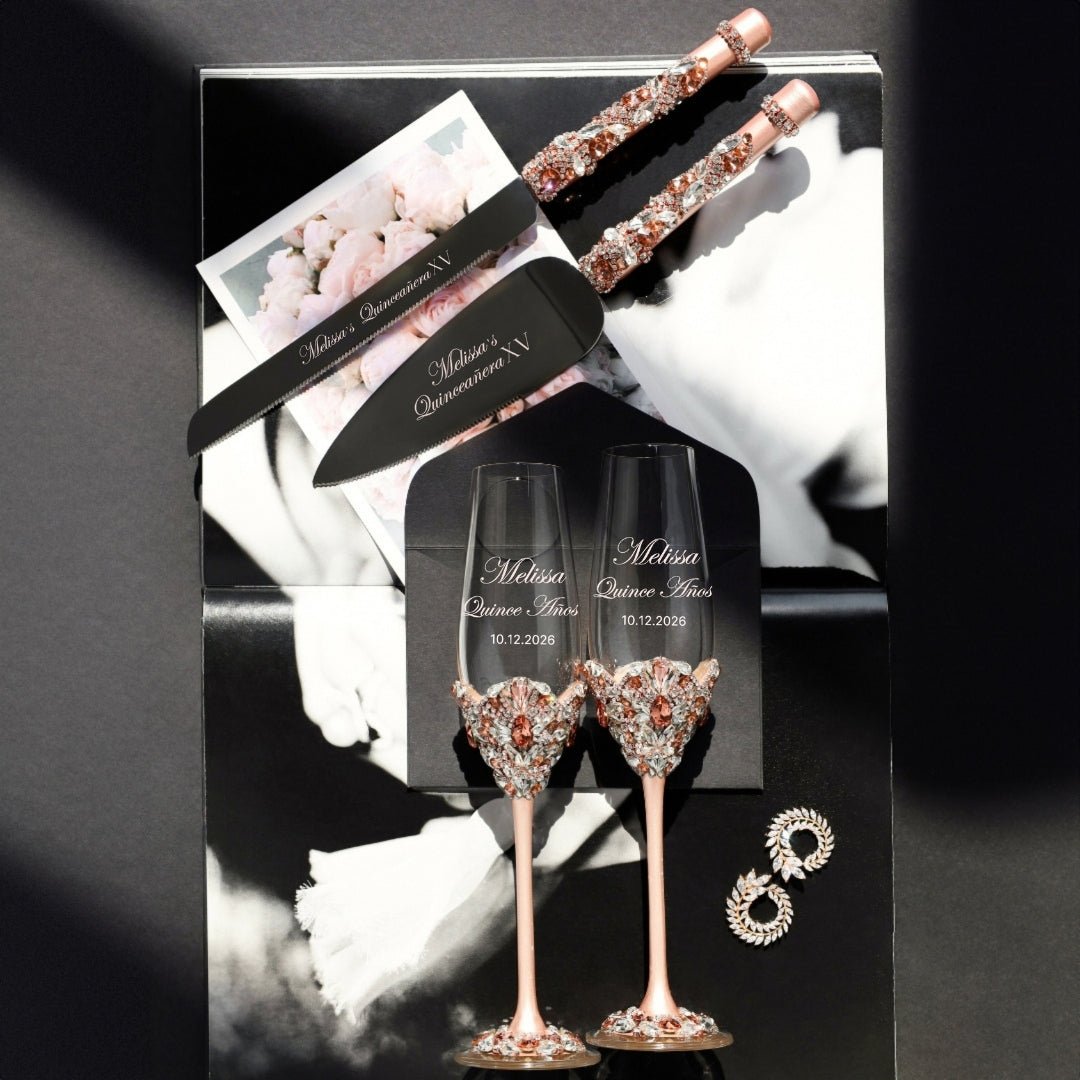 Flutes &amp; Cake Set Blossom Rose Gold to Her Quinceañera Celebration - ELENA HONCH