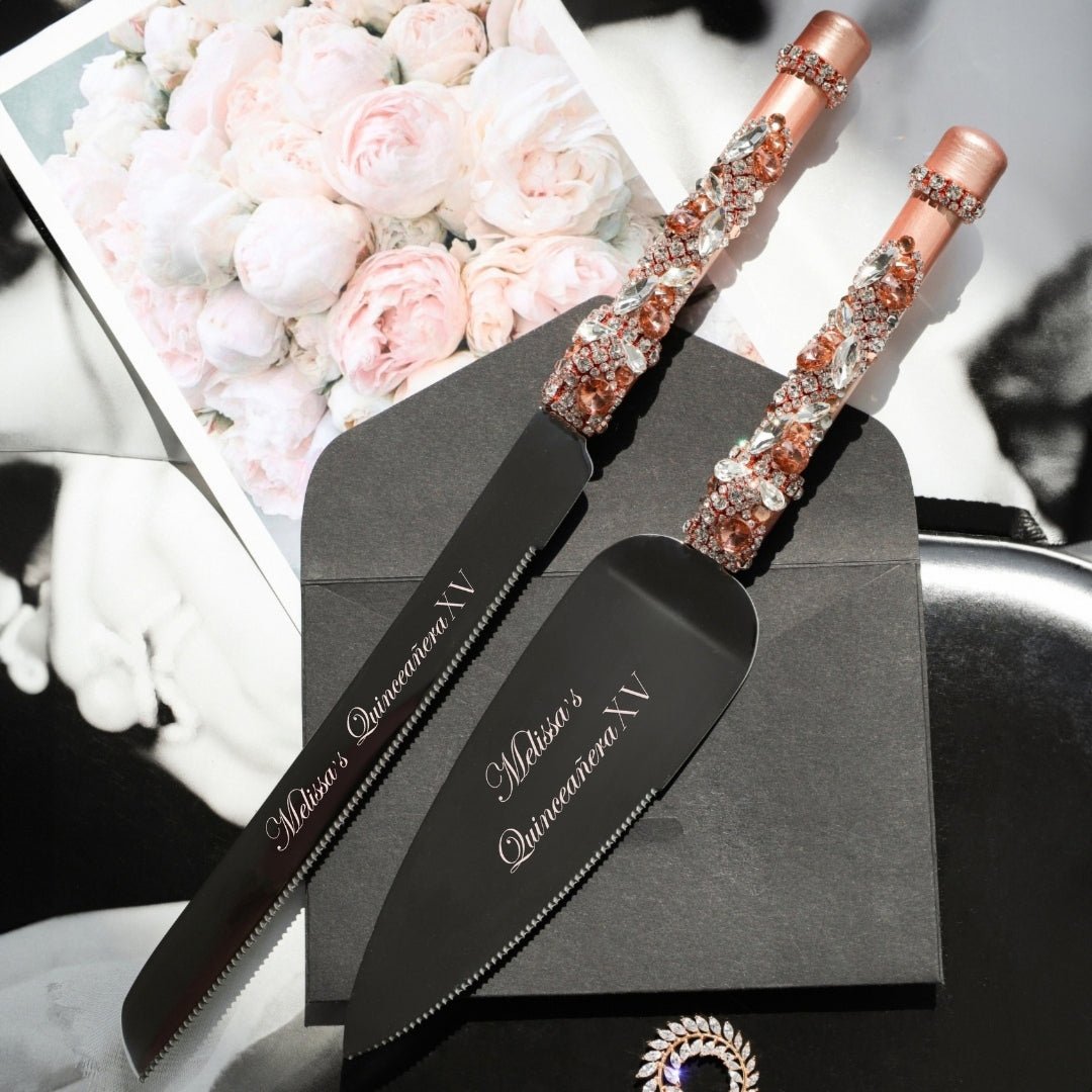 Flutes &amp; Cake Set Blossom Rose Gold to Her Quinceañera Celebration - ELENA HONCH