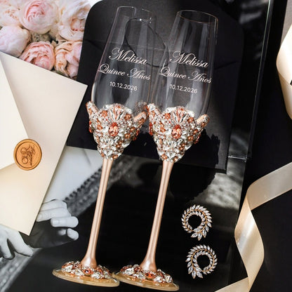 Flutes &amp; Cake Set Blossom Rose Gold to Her Quinceañera Celebration - ELENA HONCH