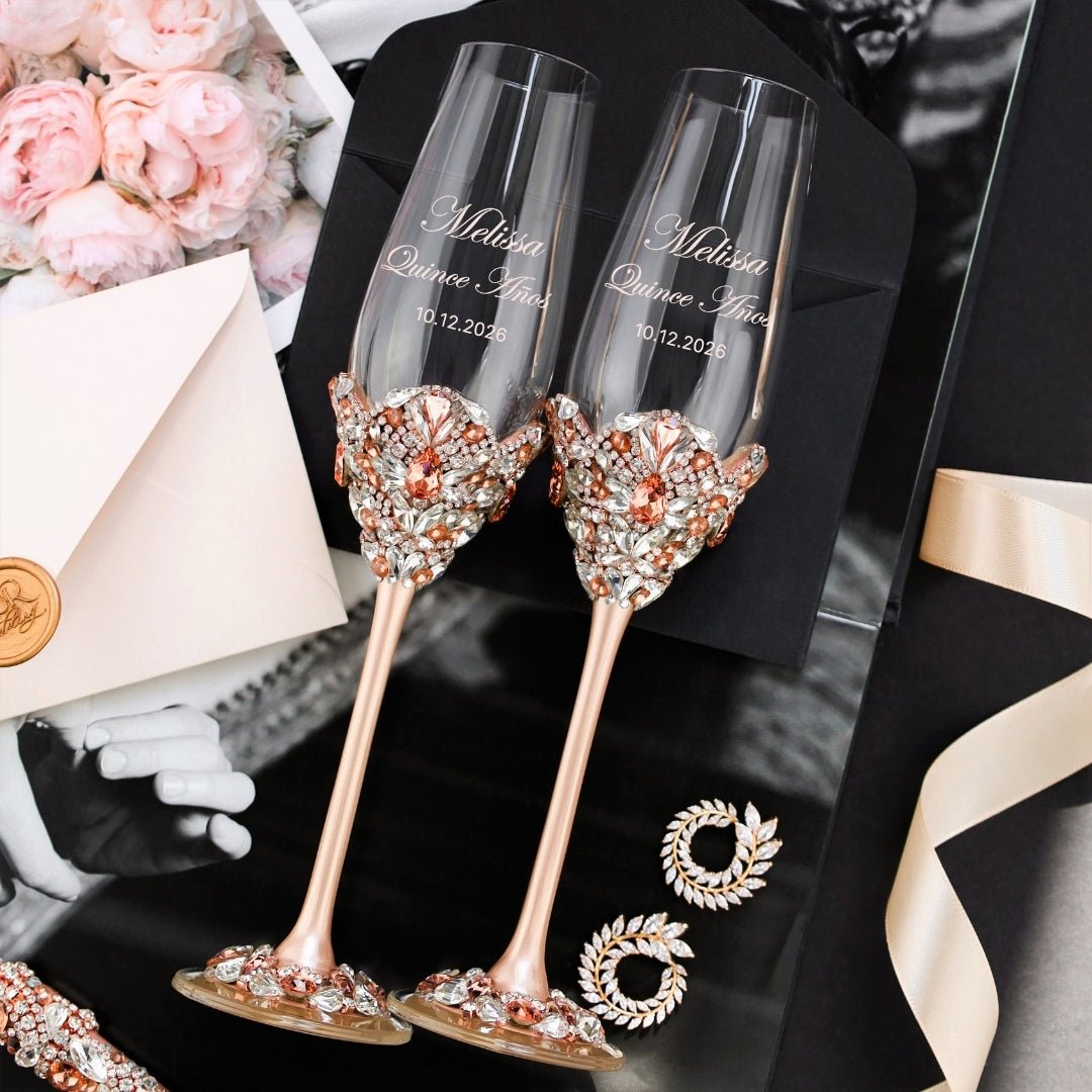 Flutes &amp; Cake Set Blossom Rose Gold to Her Quinceañera Celebration - ELENA HONCH