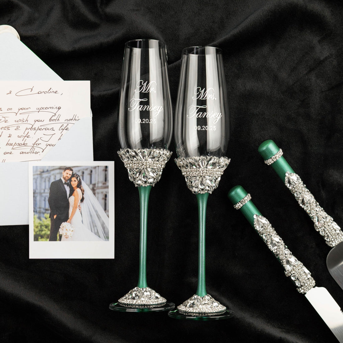 Flutes &amp; Set for Cake in Emerald color - ELENA HONCH