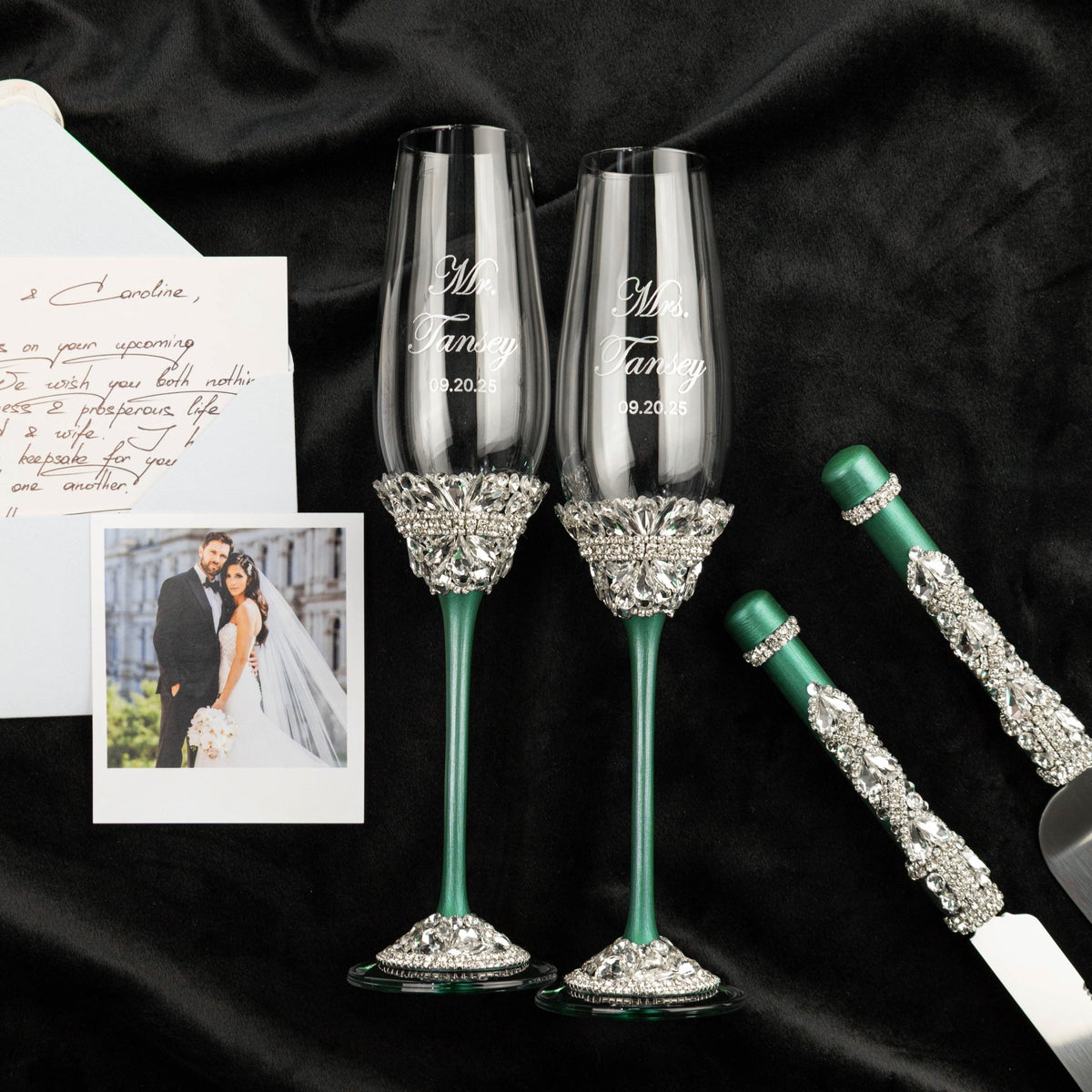 Flutes &amp; Set for Cake in Emerald color - ELENA HONCH