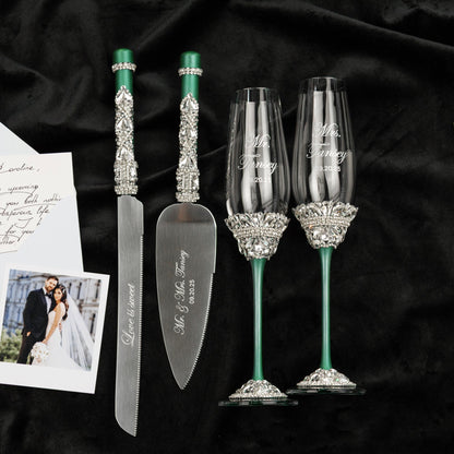 Flutes &amp; Set for Cake in Emerald color - ELENA HONCH