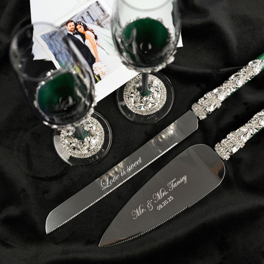 Flutes &amp; Set for Cake in Emerald color - ELENA HONCH