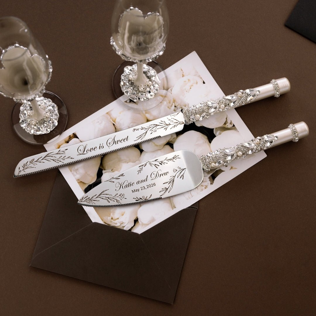 Glasses Blossom Ivory With Pearls &amp; Cake Set With Pillow for Rings - ELENA HONCH