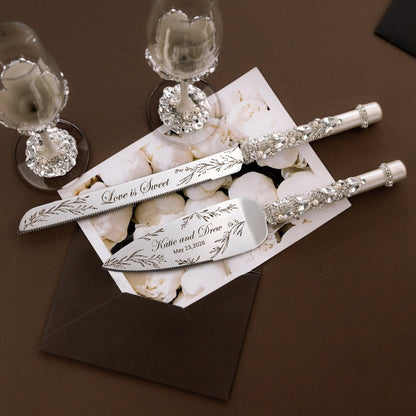 Glasses Blossom Ivory With Pearls &amp; Cake Set With Pillow for Rings - ELENA HONCH
