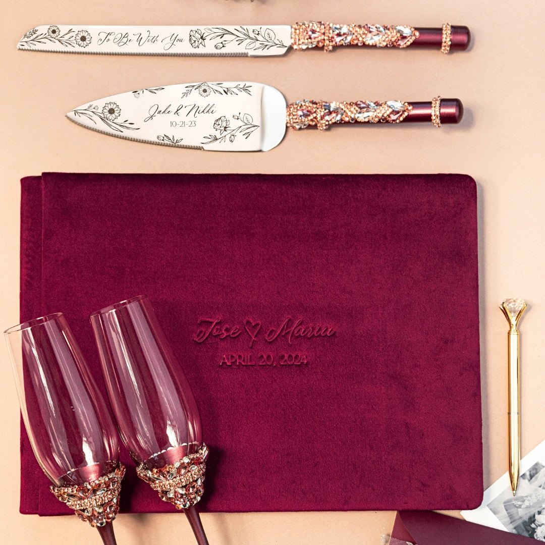 Ivy Flutes &amp; Cake set in burgundy with guestbook - ELENA HONCH