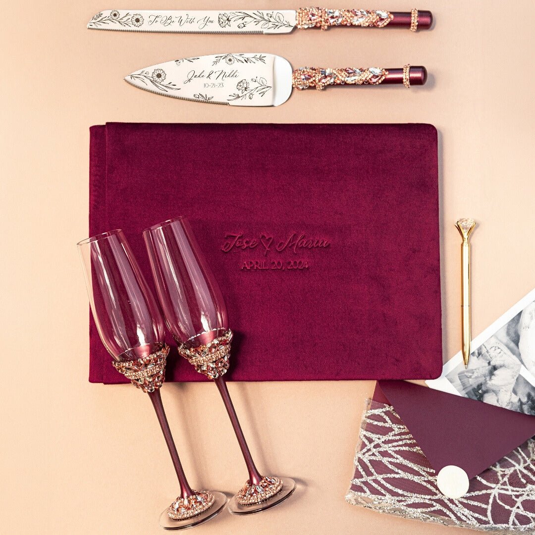 Ivy Flutes &amp; Cake set in burgundy with guestbook - ELENA HONCH