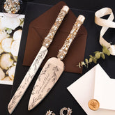 Laser-engraved Flutes&Cake server knife set. Custom toasting flutes. Personalized champagne glasses for Bride&Groom table