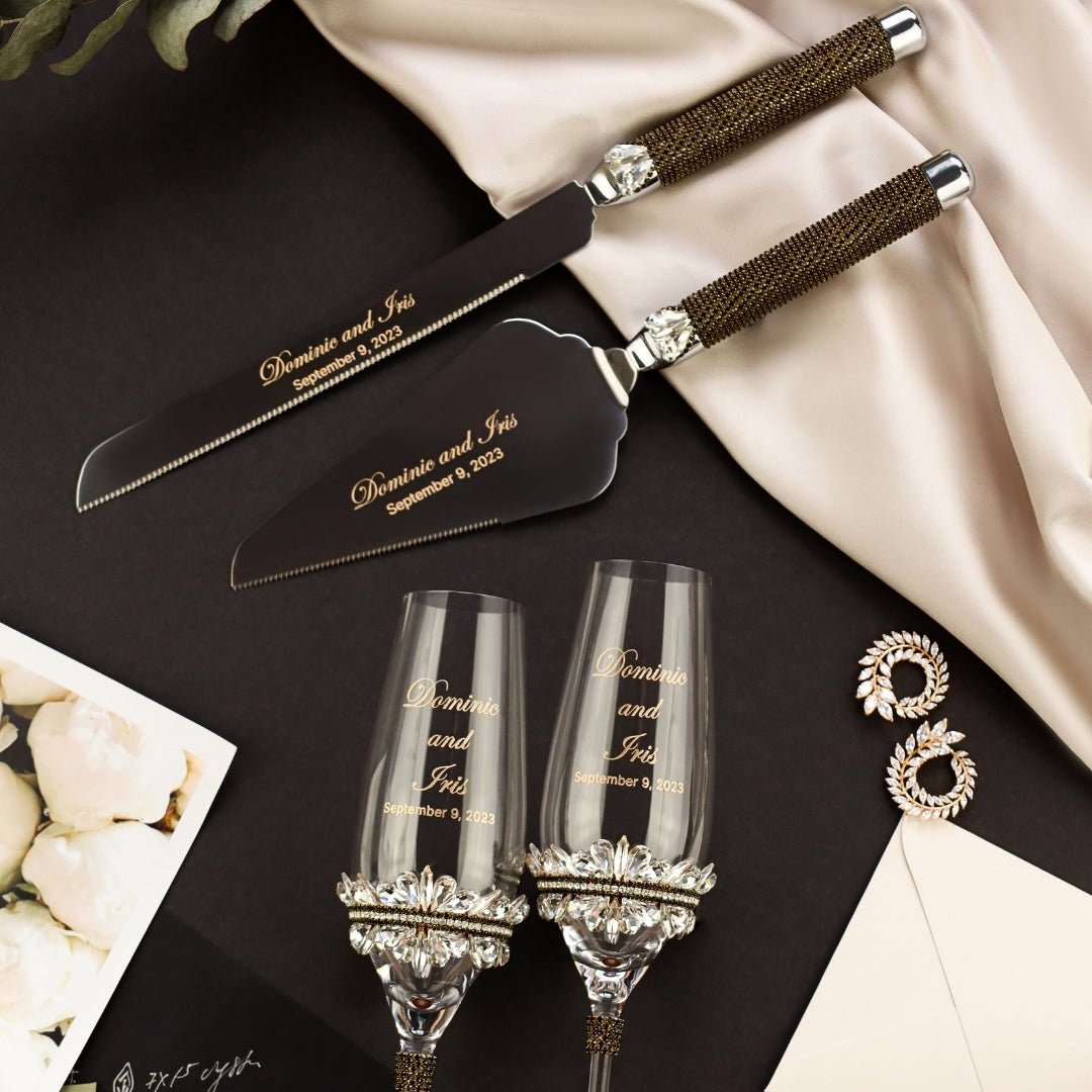 Laser - Engraved Flutes with Cake Set Black &amp; Gold - ELENA HONCH