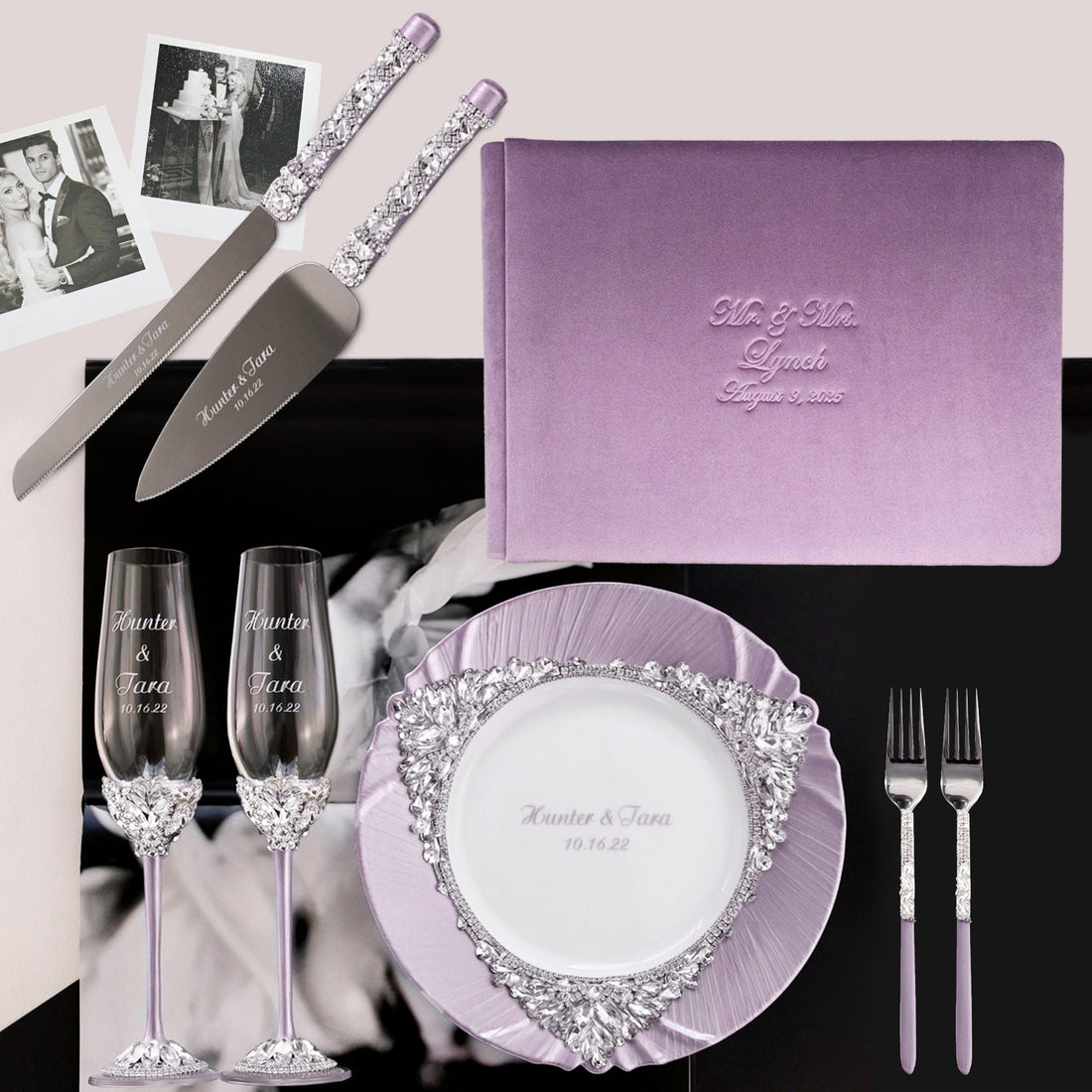 Lavender Flutes & Cake Set with Velvet Guestbook - ELENA HONCH