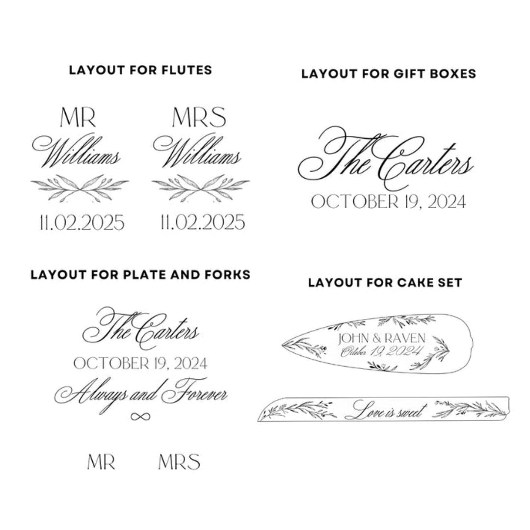 Free engraving layout preview with names and date for wedding flutes, cake set, plae and forks, and gift boxes