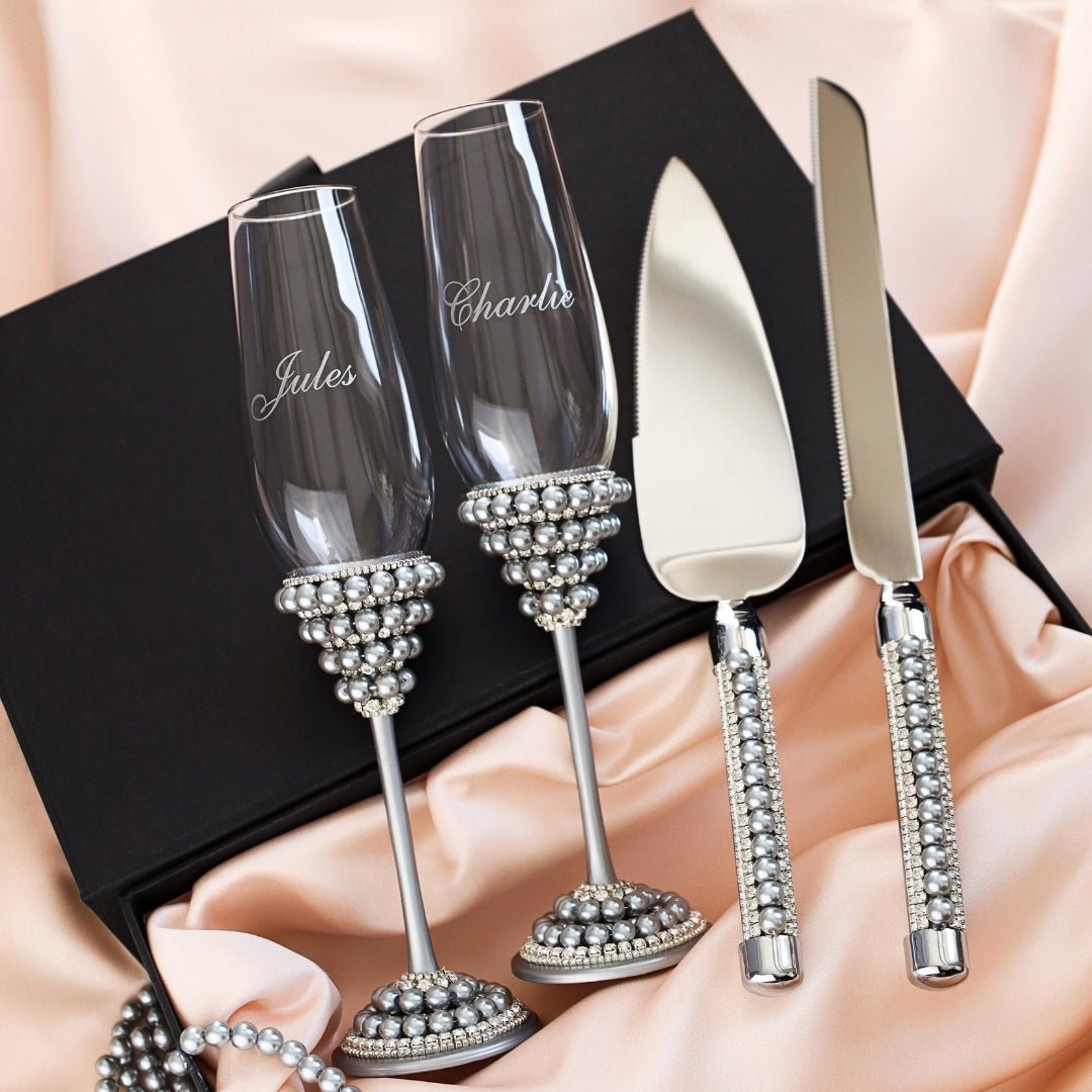 Margaret Wedding Flutes &amp; Cake Cutting set in Silver - ELENA HONCH