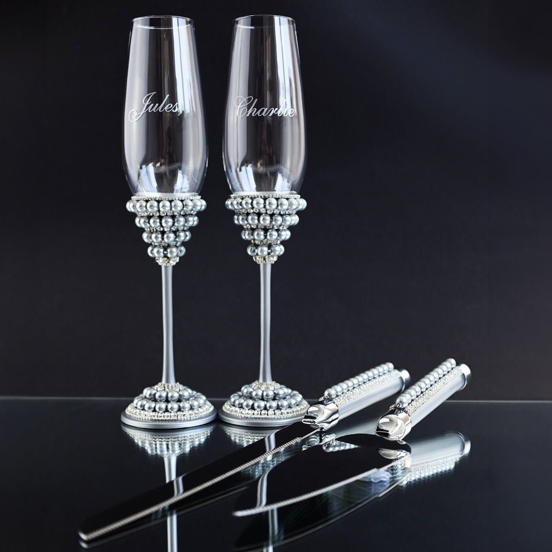 Margaret Wedding Flutes &amp; Cake Cutting set in Silver - ELENA HONCH