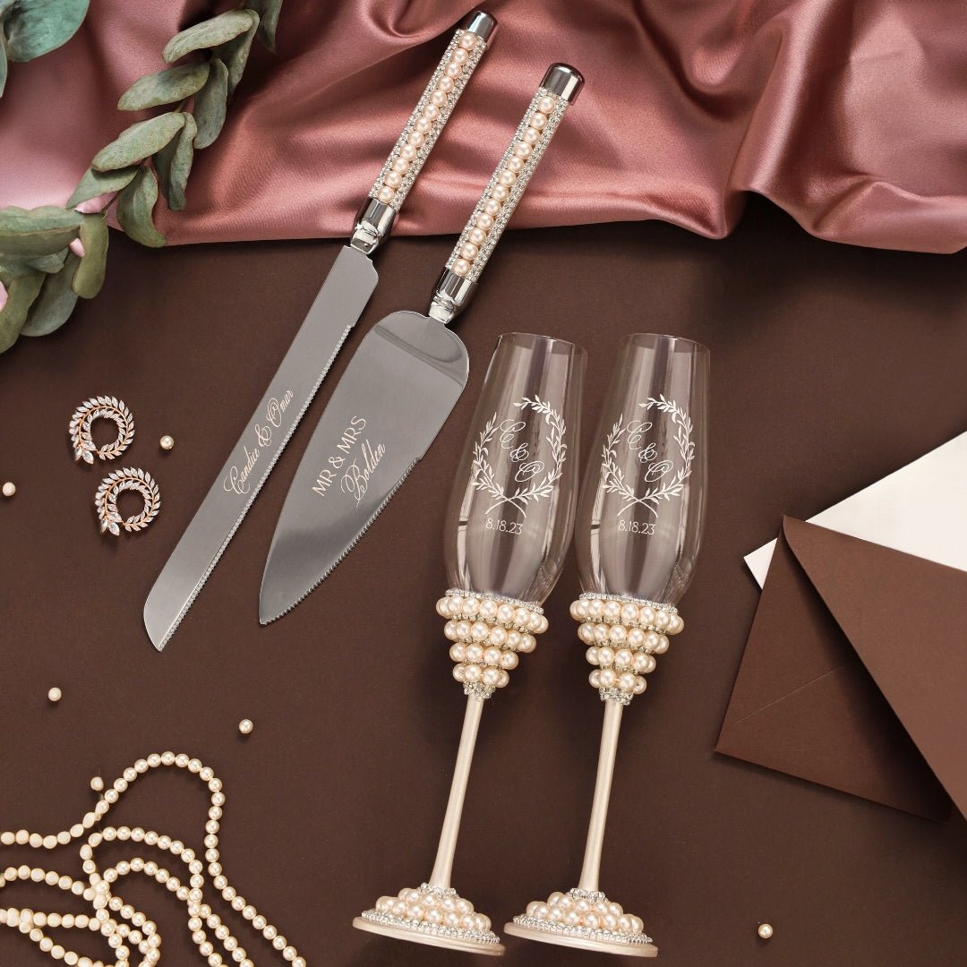Margaret Wedding Flutes &amp; Cake Set in Ivory - ELENA HONCH