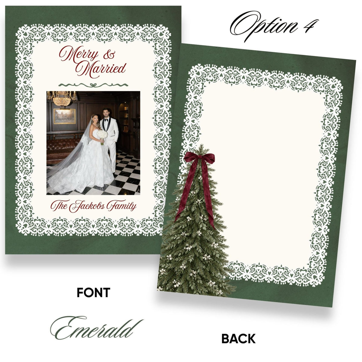 Merry &amp; Married Burgundy or Emerald Christmas Photo Card Template - ELENA HONCH