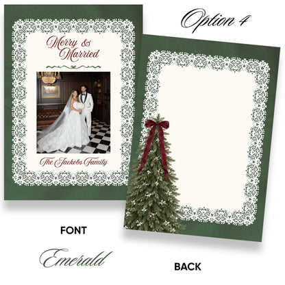 Merry &amp; Married Burgundy or Emerald Christmas Photo Card Template - ELENA HONCH