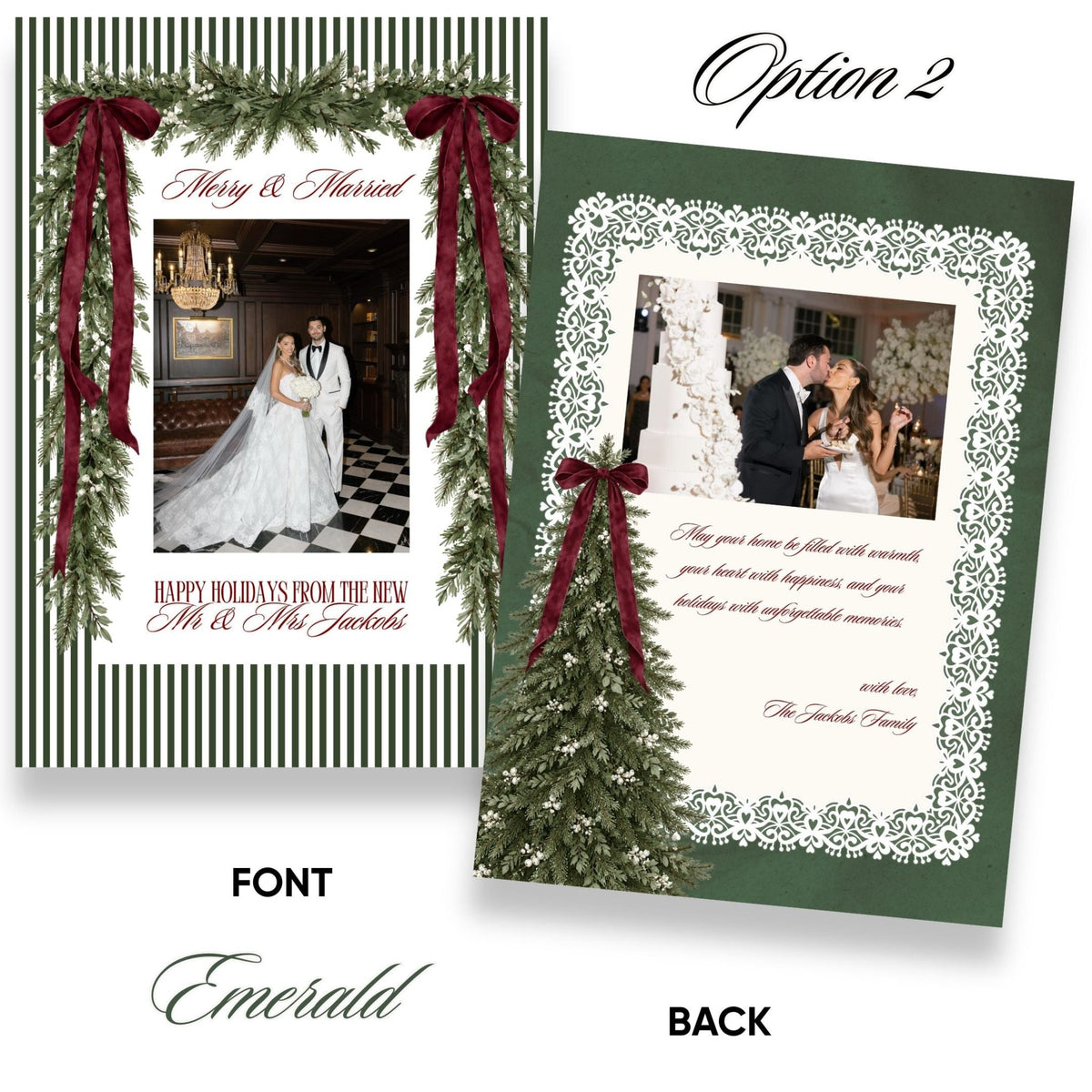 Merry &amp; Married Burgundy or Emerald Christmas Photo Card Template - ELENA HONCH