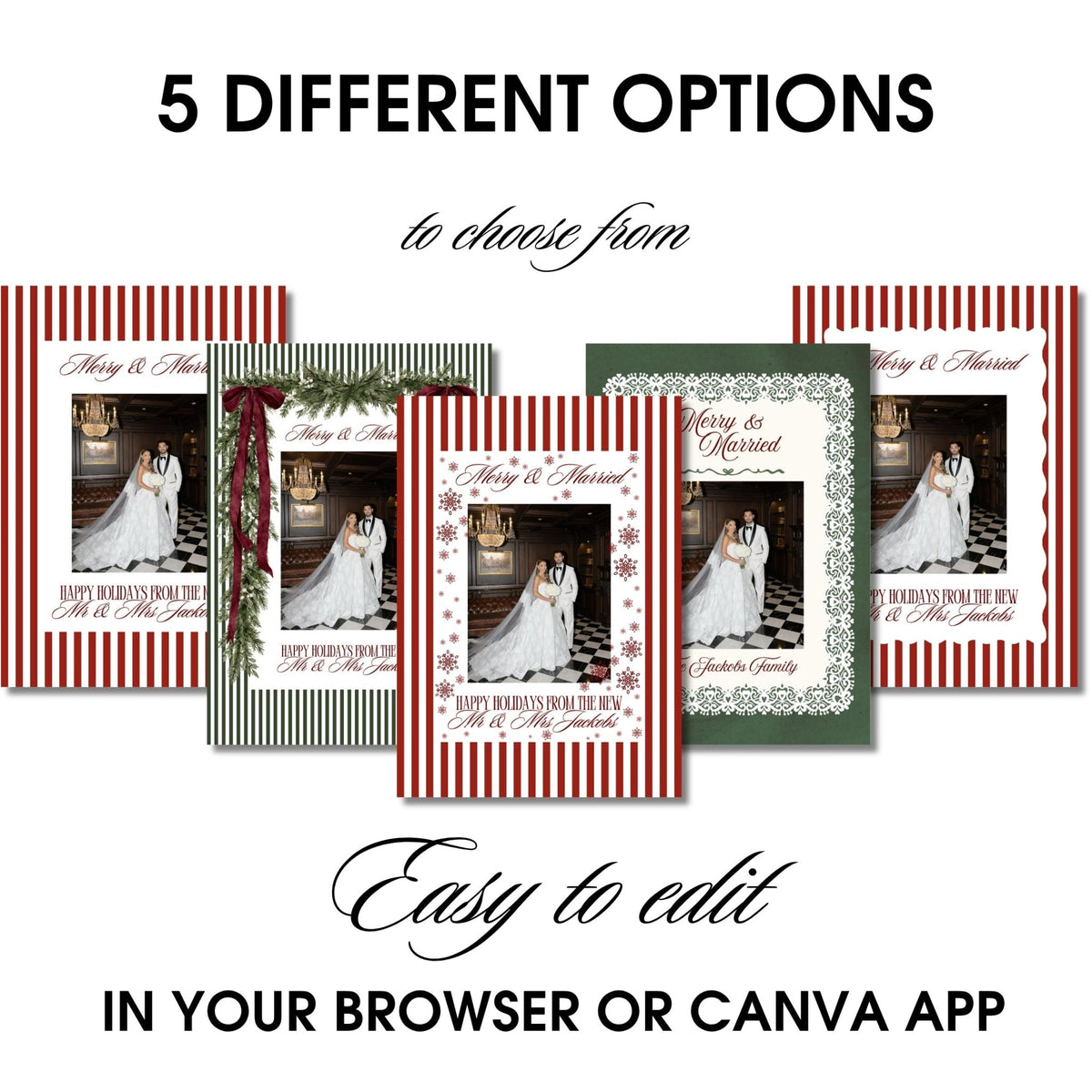 Merry &amp; Married Burgundy or Emerald Christmas Photo Card Template - ELENA HONCH