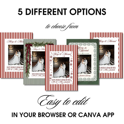Merry &amp; Married Burgundy or Emerald Christmas Photo Card Template - ELENA HONCH