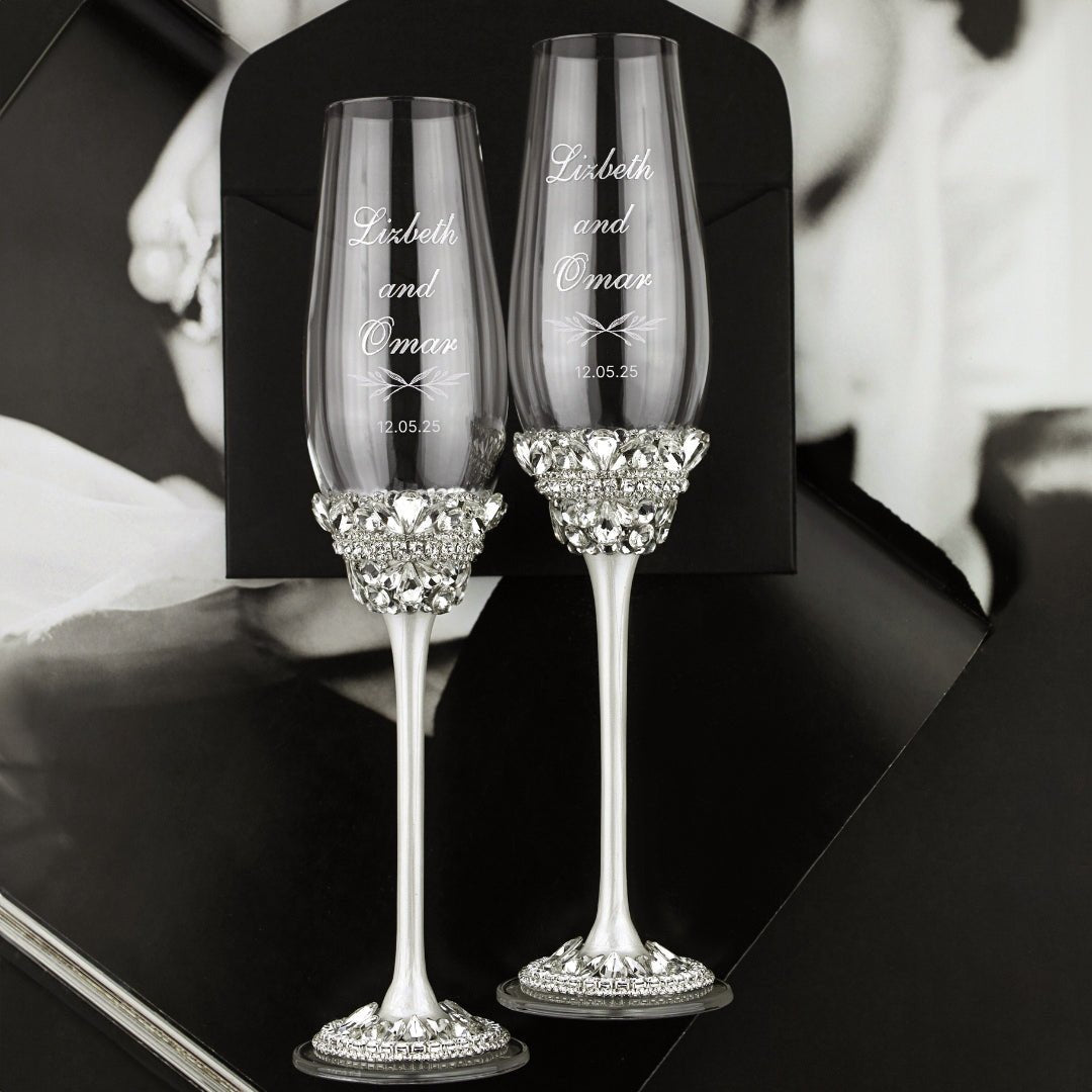 Personalized Crystal Flutes and Set for Cake Ivy White - ELENA HONCH