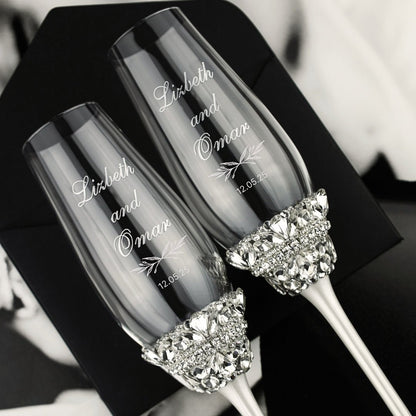 Personalized Crystal Flutes and Set for Cake Ivy White - ELENA HONCH