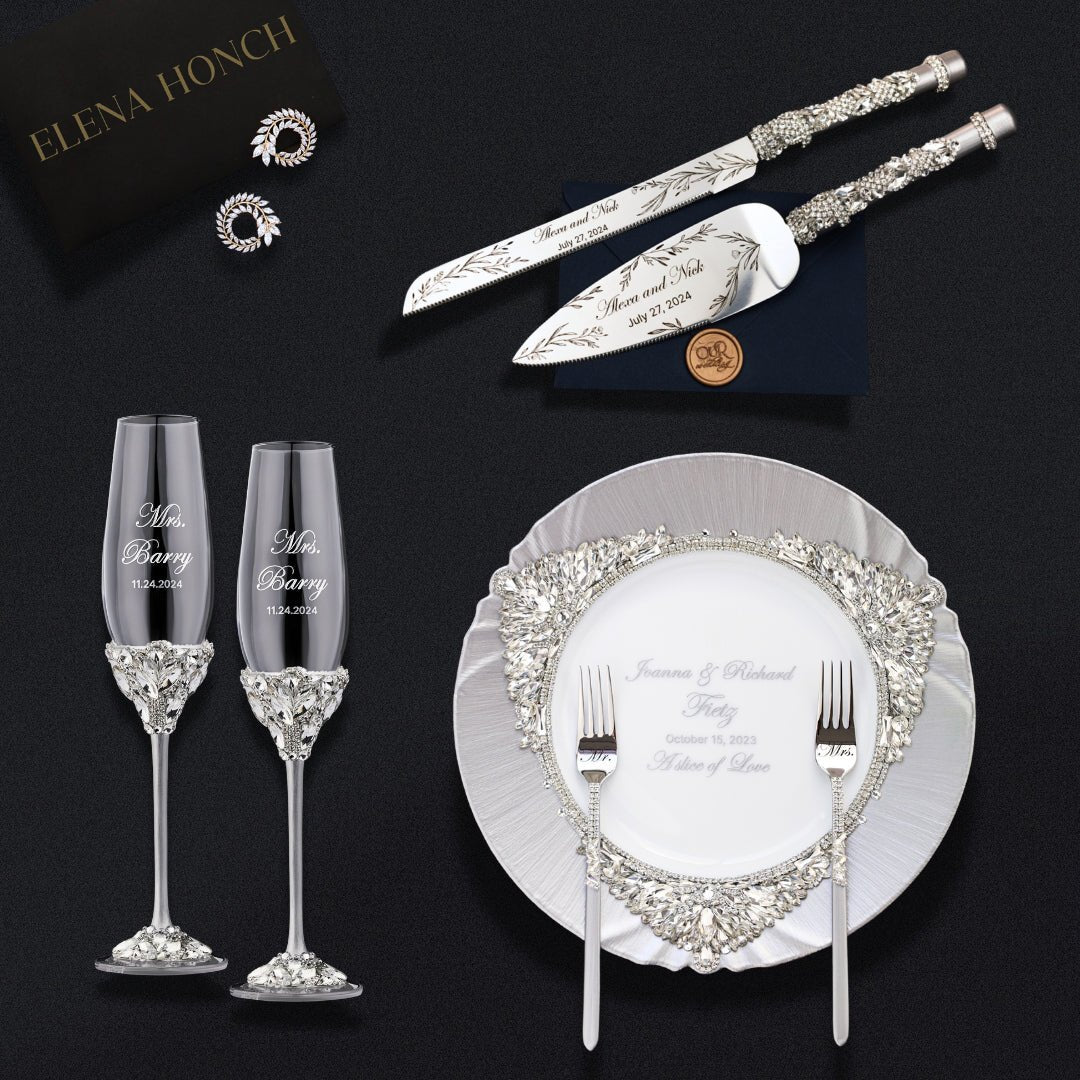 Personalized Crystal Flutes and Set for Cake Ruta in Silver - ELENA HONCH