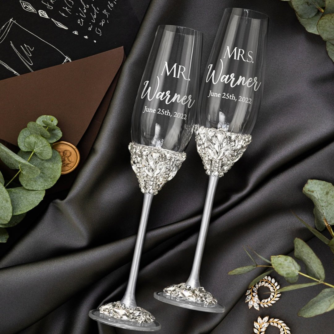 Personalized Crystal Flutes and Set for Cake Ruta in Silver - ELENA HONCH