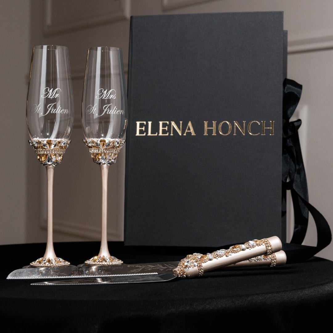 Personalized Flutes Ivy with Cake set in Ivory &amp; Gold - ELENA HONCH