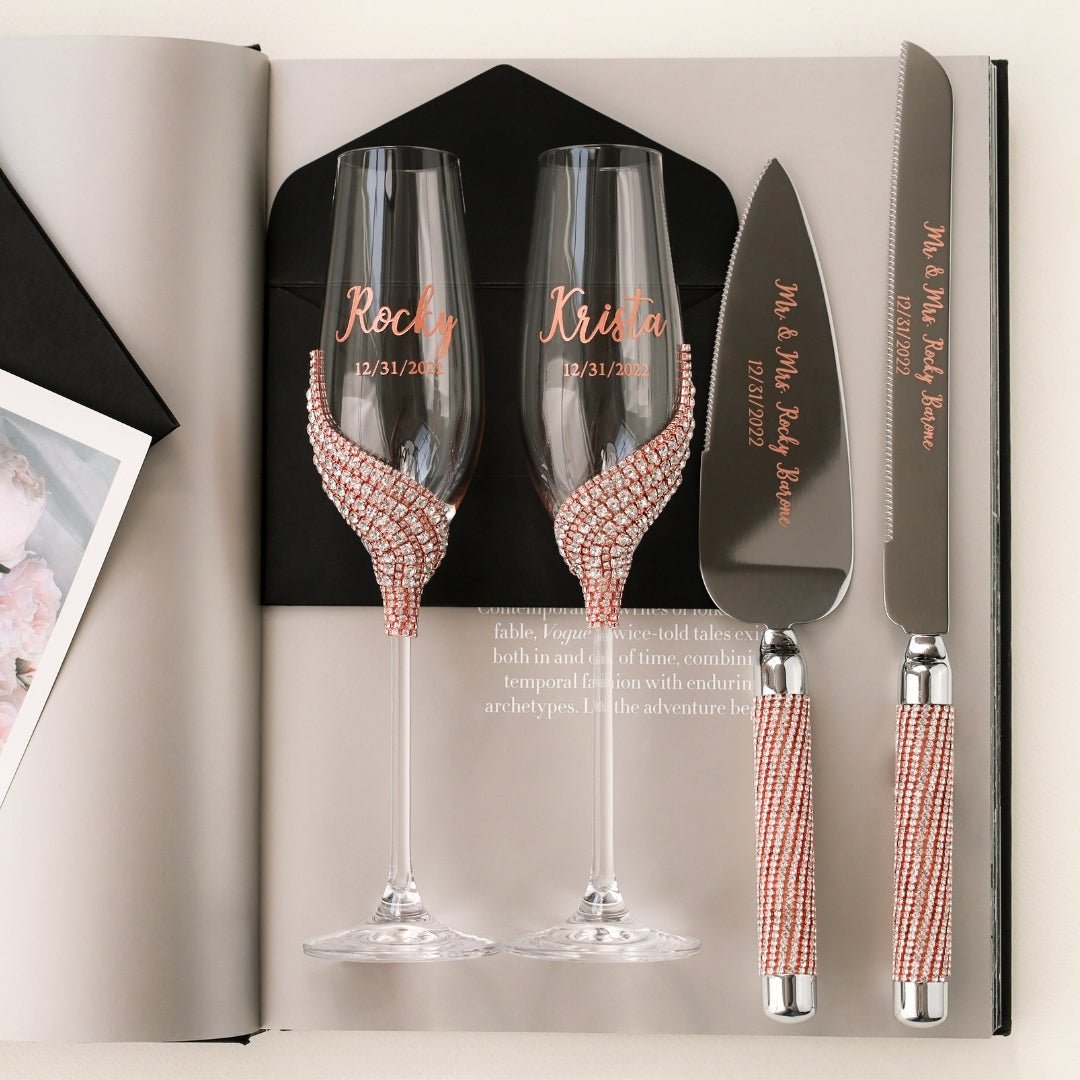 Personalized Flutes with Cake Set in Rose &amp; Gold - ELENA HONCH