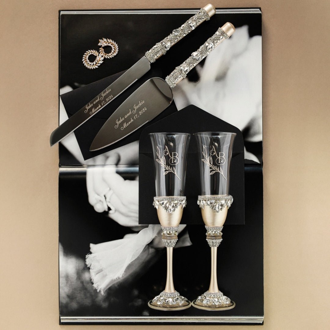 Personalized Wedding Flutes Iris &amp; Cake set in Ivory - ELENA HONCH