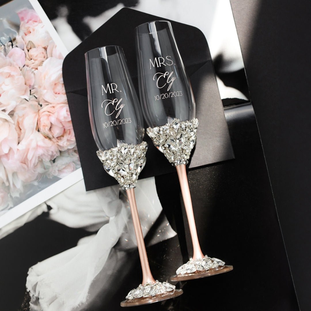 Personalized Wedding Flutes Ruta &amp; Cake Server Set In Blush - ELENA HONCH