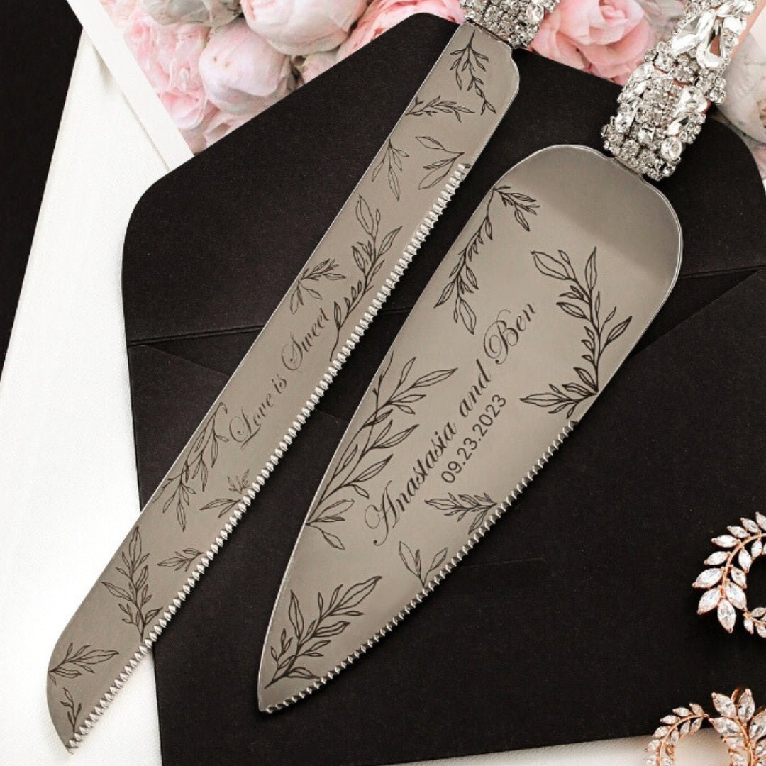 Personalized Wedding Flutes Ruta &amp; Cake Server Set In Blush - ELENA HONCH