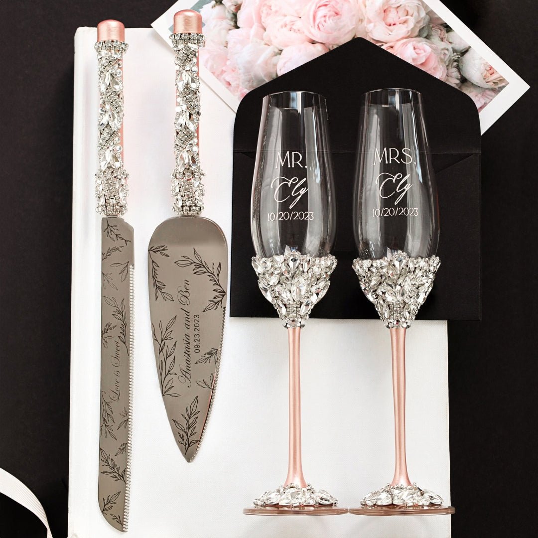 Personalized Wedding Flutes Ruta &amp; Cake Server Set In Blush - ELENA HONCH