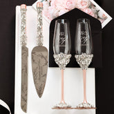 Personalized Wedding Flutes Ruta & Cake Server Set In Blush - ELENA HONCH