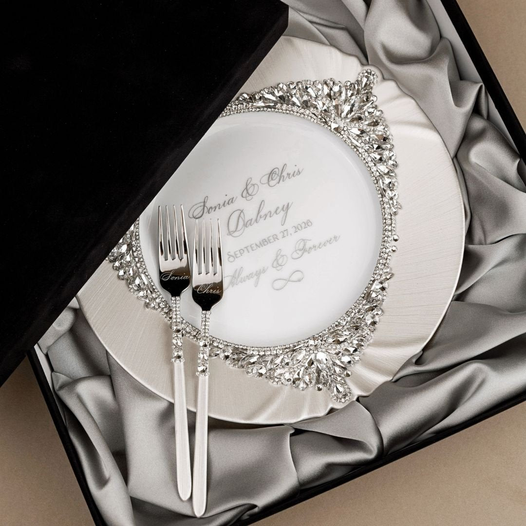 Plate &amp; Forks White Set in Silver Satin-Lined Boxes - ELENA HONCH