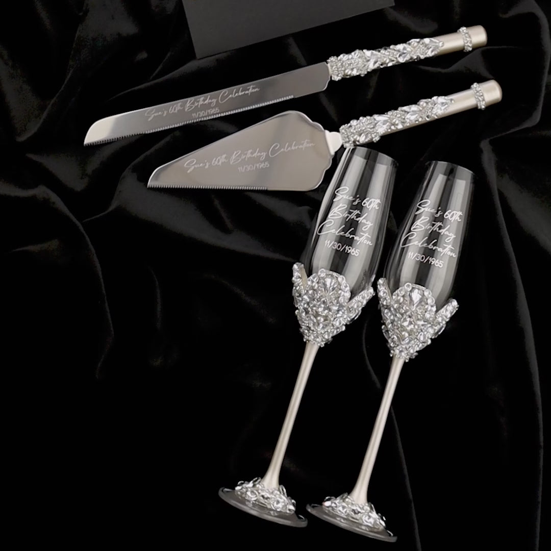 60th Anniversary Blossom Glasses &amp; Cake Set Ivory With Pearls