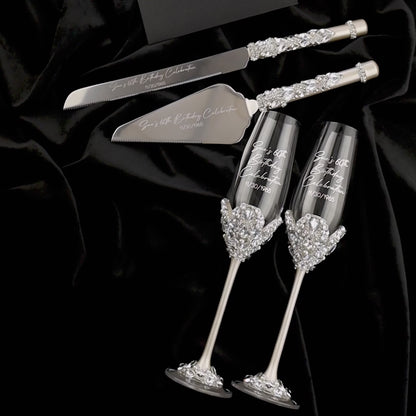 60th Anniversary Blossom Glasses &amp; Cake Set Ivory With Pearls