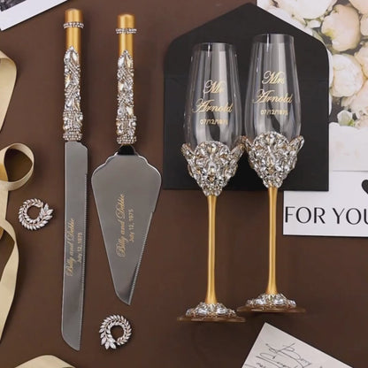 Blossom Gold Wedding Glasses &amp; Cake Cutting Set
