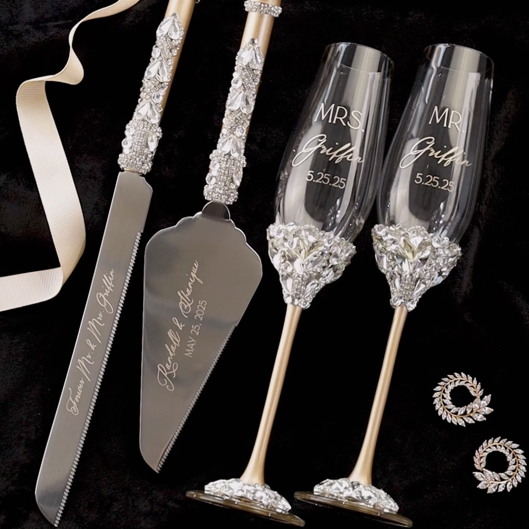 Wedding Flutes Ruta &amp; Cake Set in Champagne color