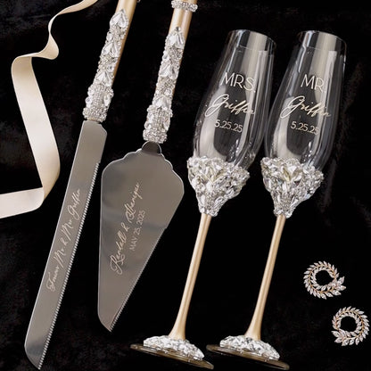 Wedding Flutes Ruta &amp; Cake Set in Champagne color