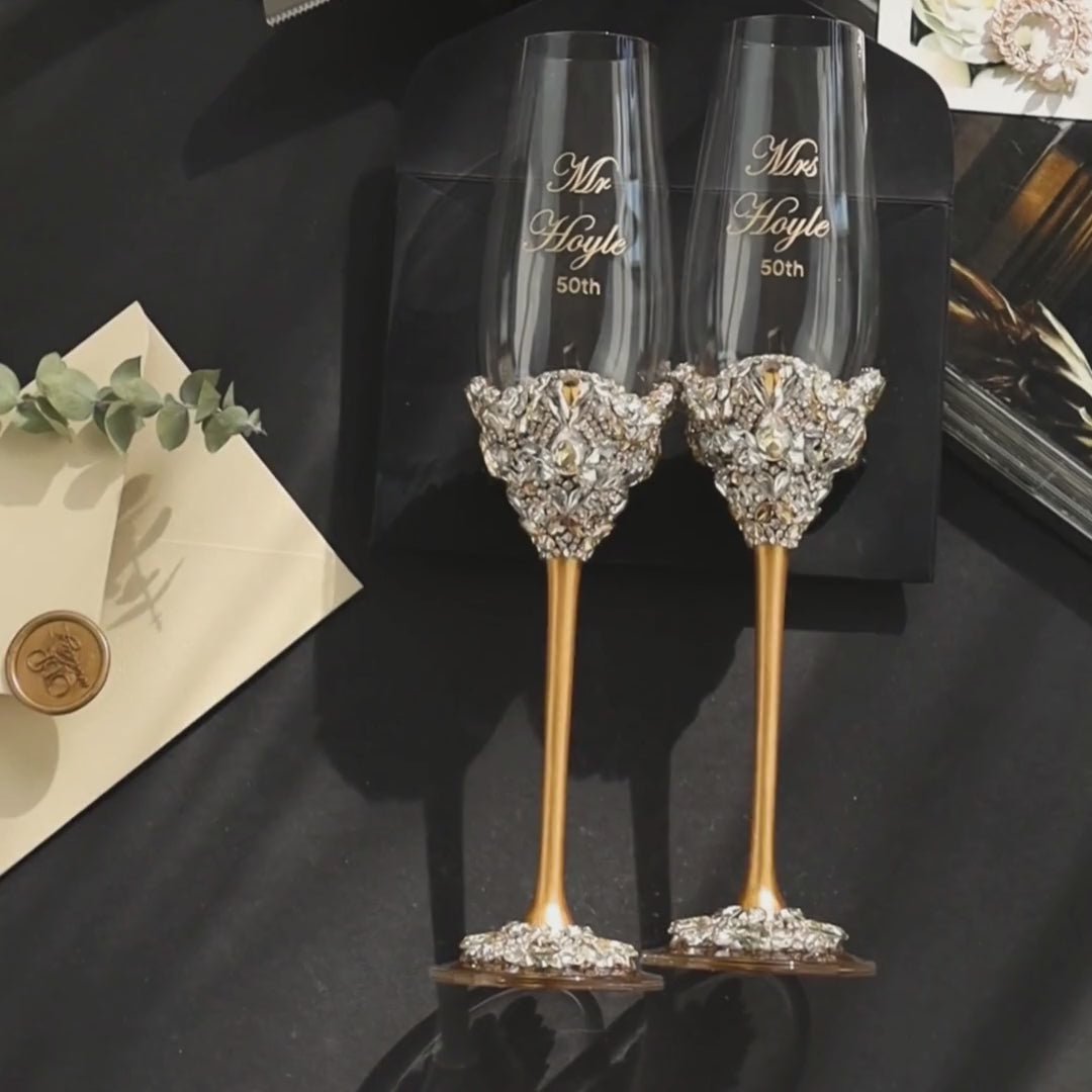 50th Anniversary Blossom Gold Glasses &amp; Cake Set